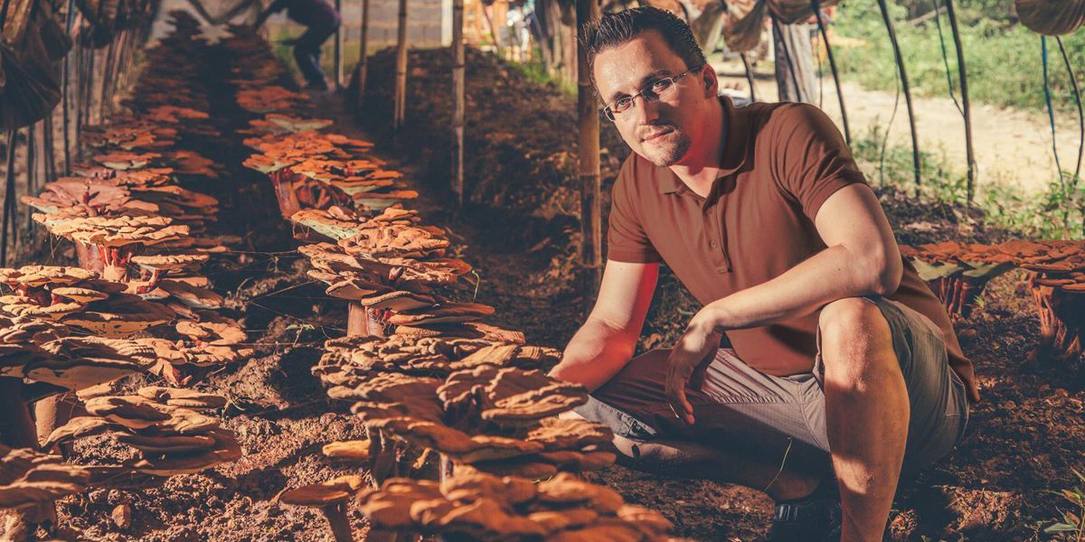 Benjamin Hawlik sitting next to Reishi plantation